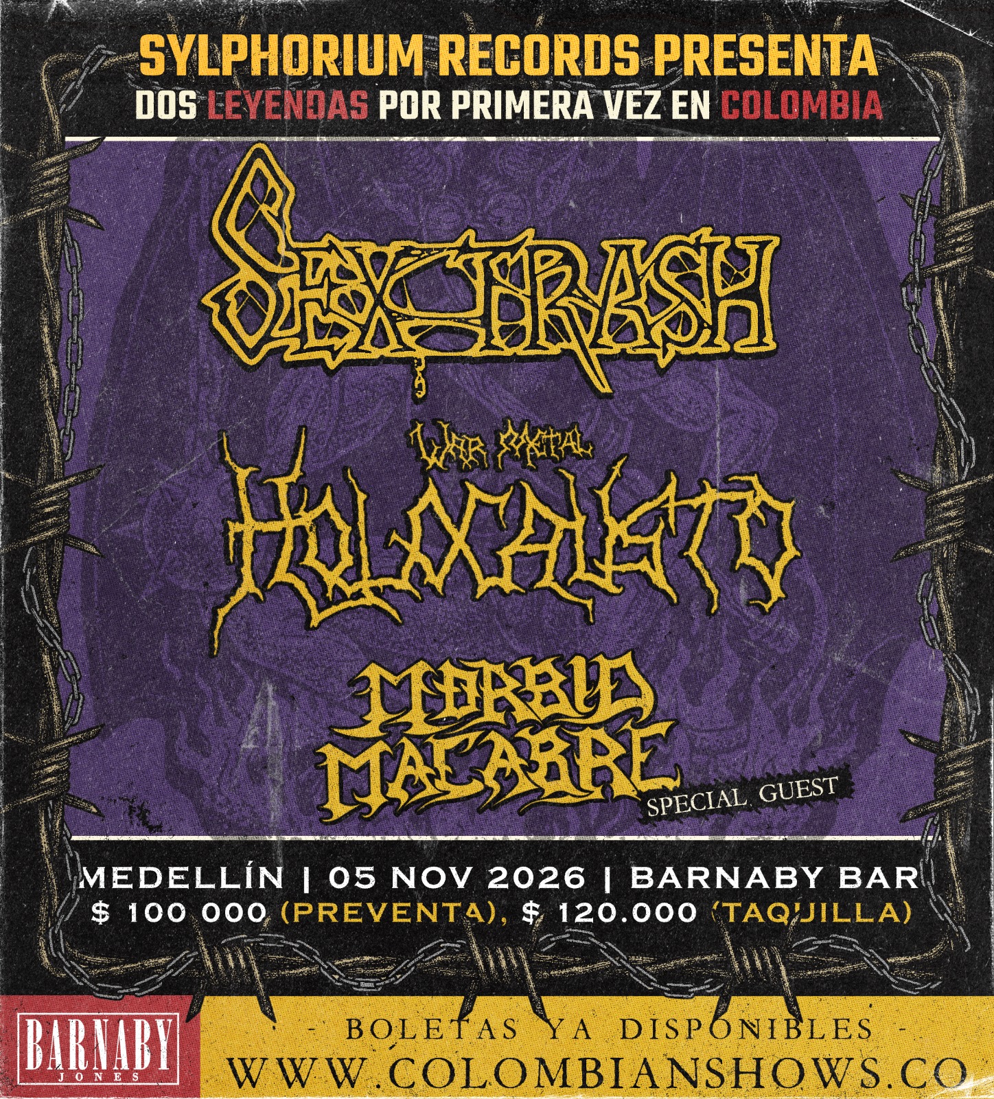 Medellín: SEXTRASH / HOLOCAUSTO / MORBID MACABRE Jueves 05 Nov 2026